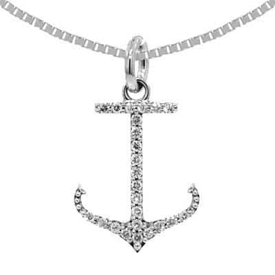 14KT white gold anchor pendant with 0.24ctw round diamonds a...