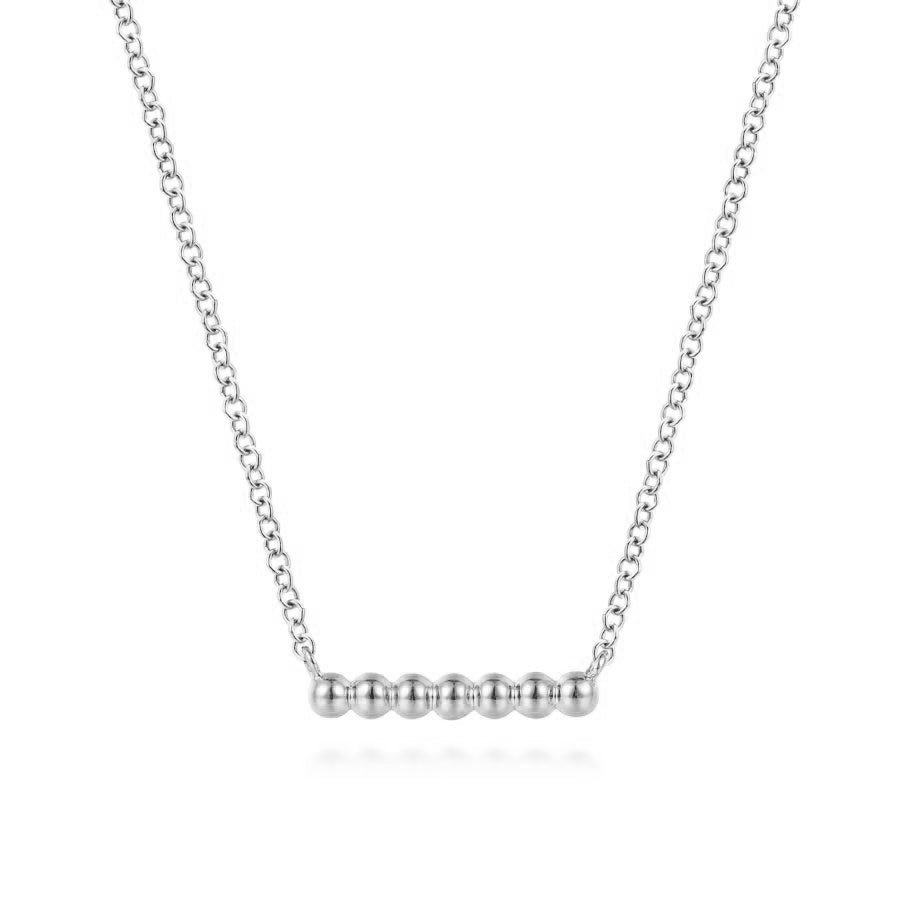 14K White Gold Beaded Bar Necklace