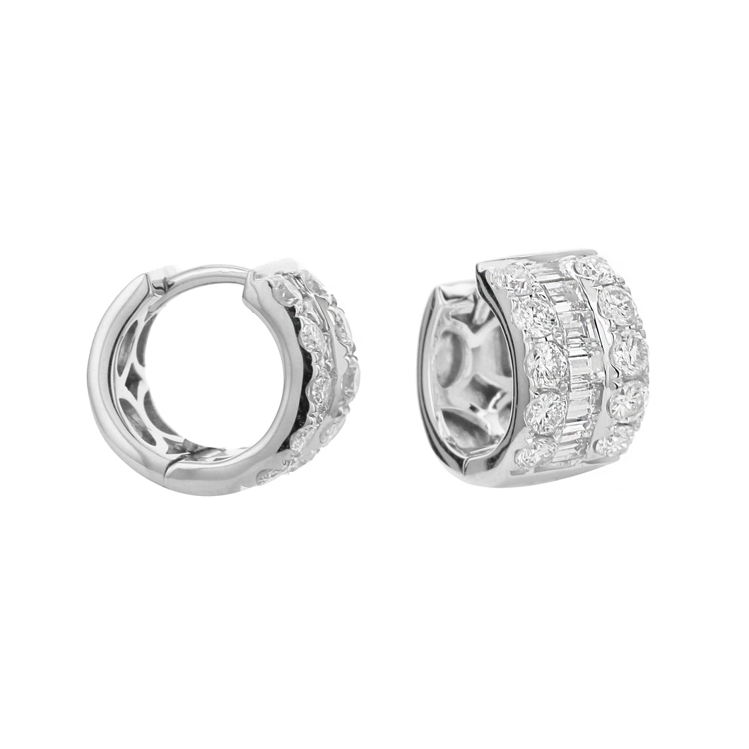 18KT white gold 3 channel hoop earrings with 0.93ctw round d...