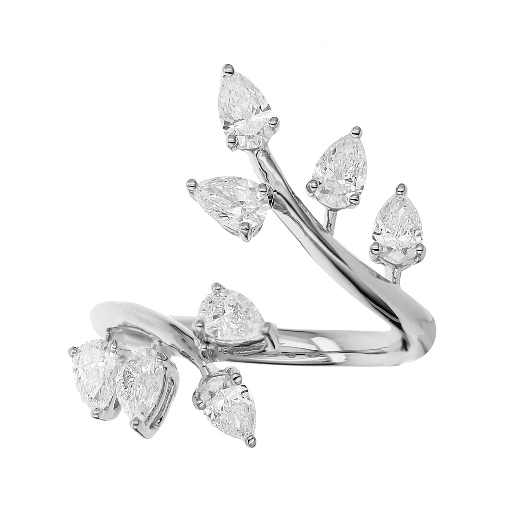 18KT white gold floral bypass ring with 1.25ctw pear shaped ...