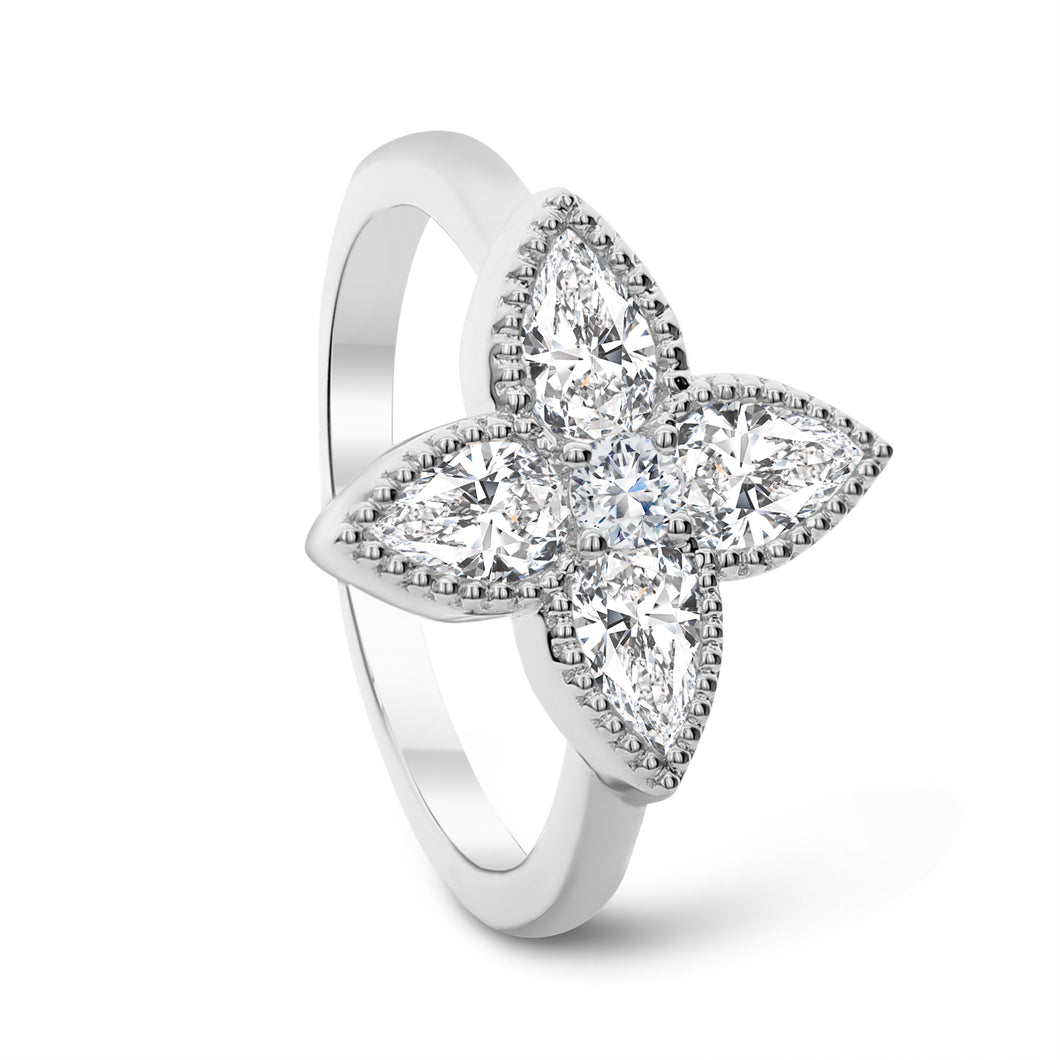 18KT white gold floral ring with 1.05ctw pear diamonds (4 qt...