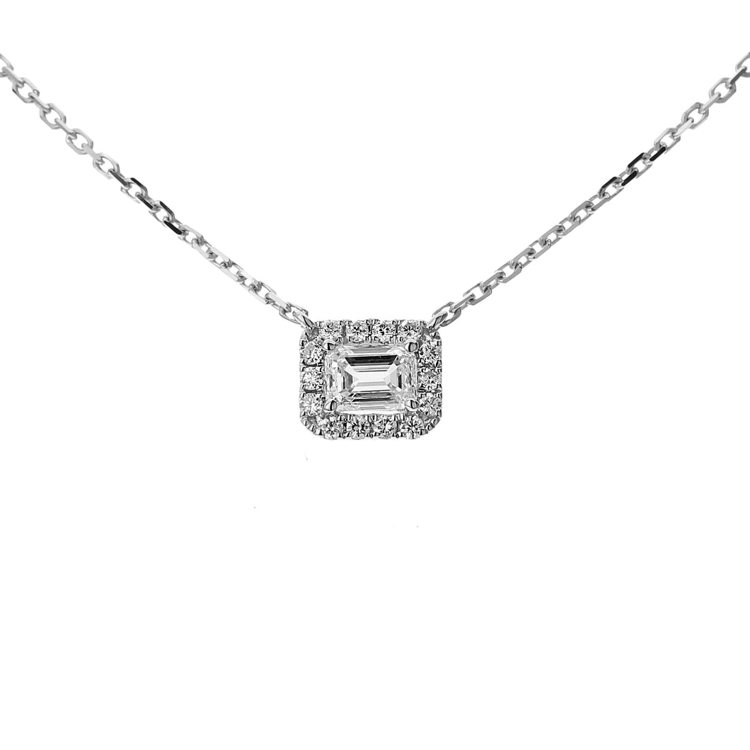 18KT white gold necklace with 0.42ct emerald cut center surr...