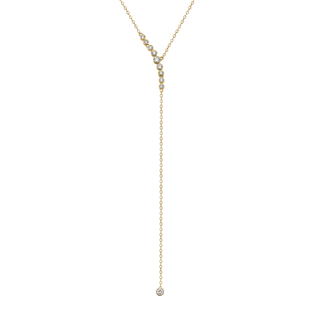 14KT yellow gold lariat style necklace with 0.50ctw bezel se...