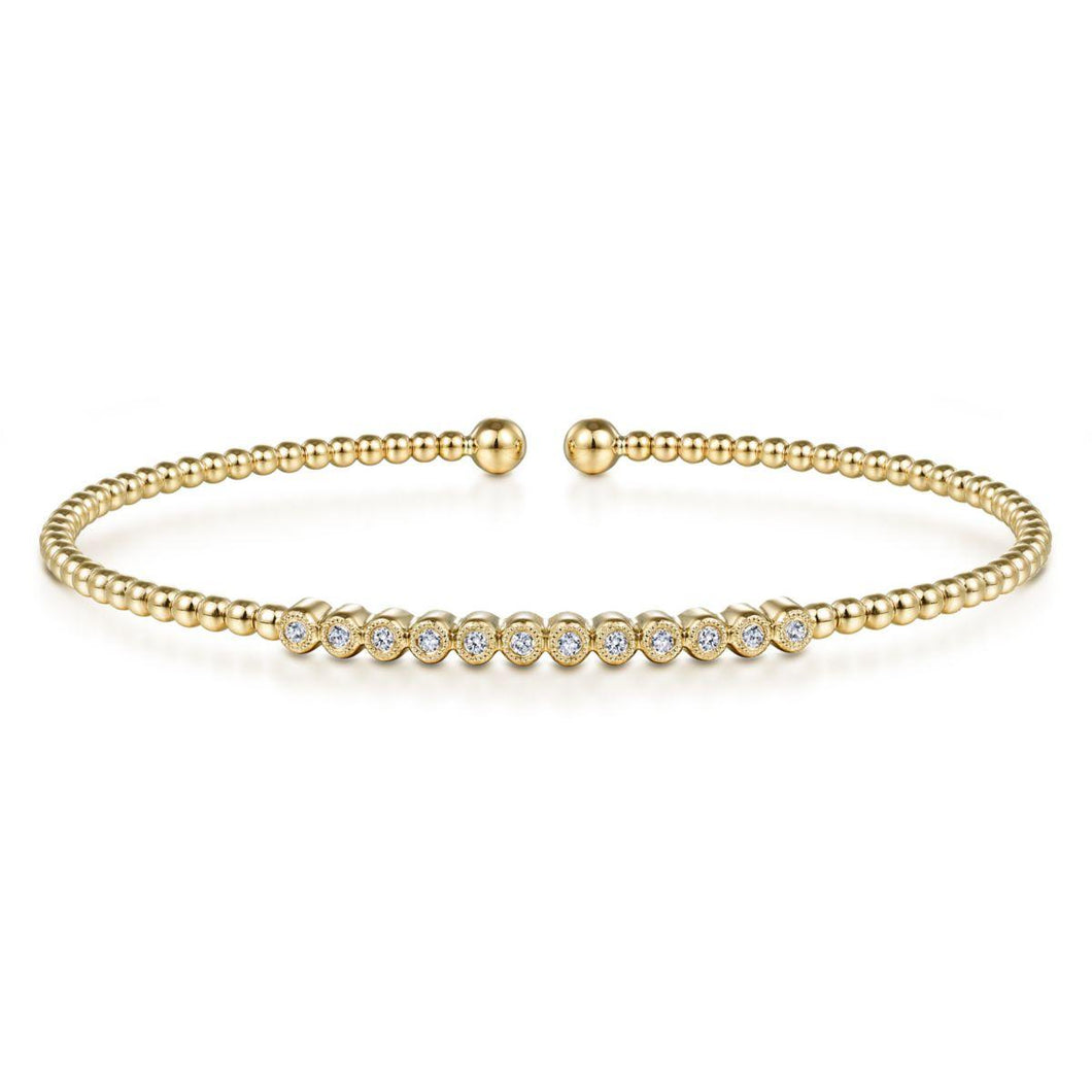 14K Yellow Gold Bujukan Bead Cuff Bracelet with Bezel Set Di...