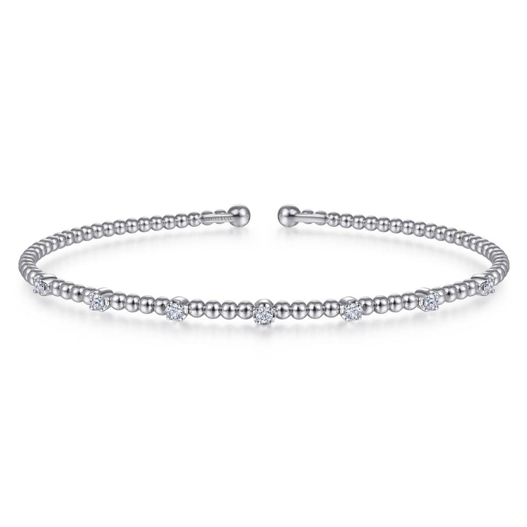 14K White Gold Bujukan Bead Cuff Bracelet with Diamond Stati...