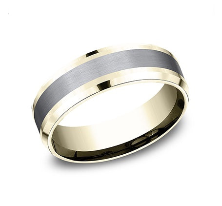 14KT yellow gold and tantalum band, satin center, drop bevel...