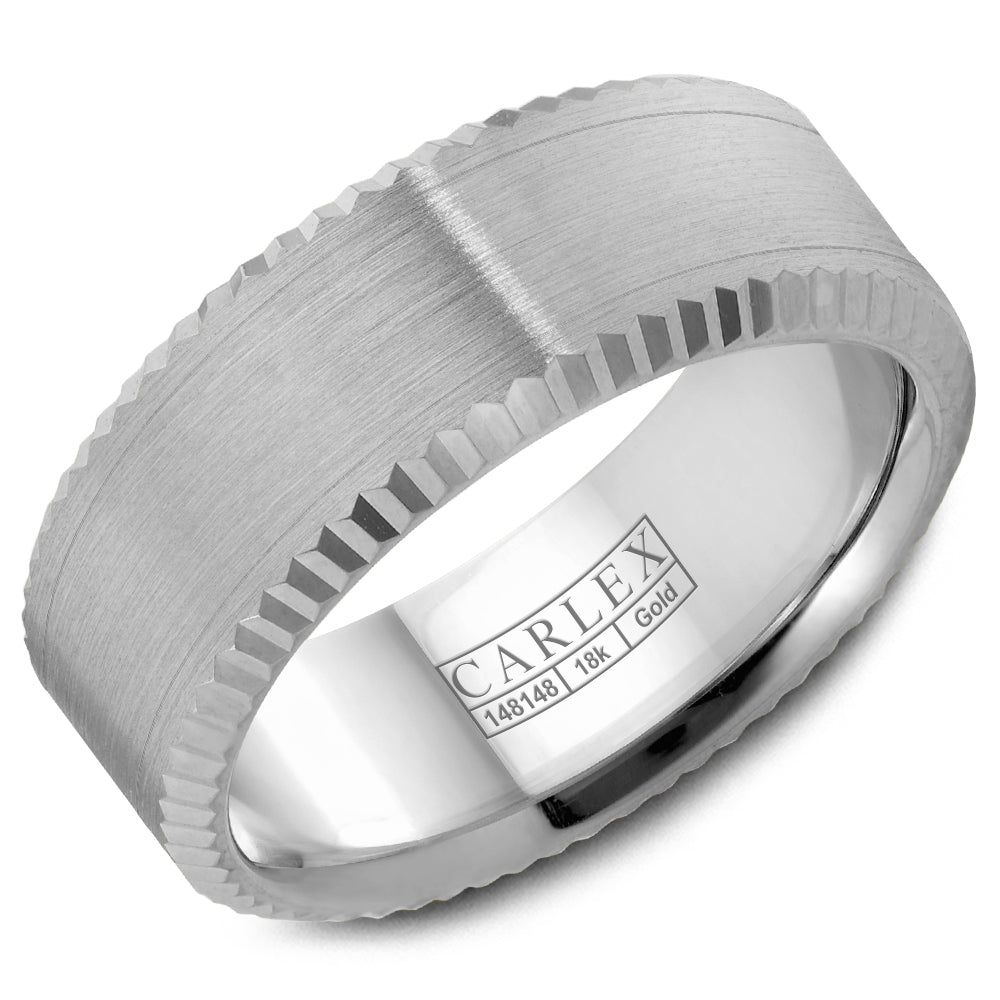 14KT white gold band with brushed center and fluted edges, 8...