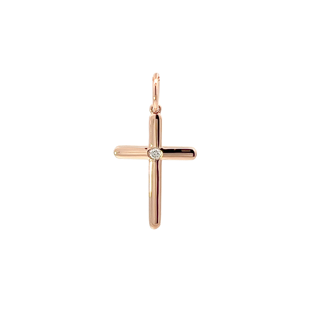 18KT rose gold cross pendant with 0.03ct flush set diamond