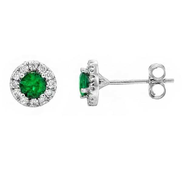 14KT white gold earrings with 0.63ctw round emeralds surroun...