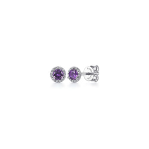 14K White Gold Round Amethyst and Diamond Halo Stud Earring,...