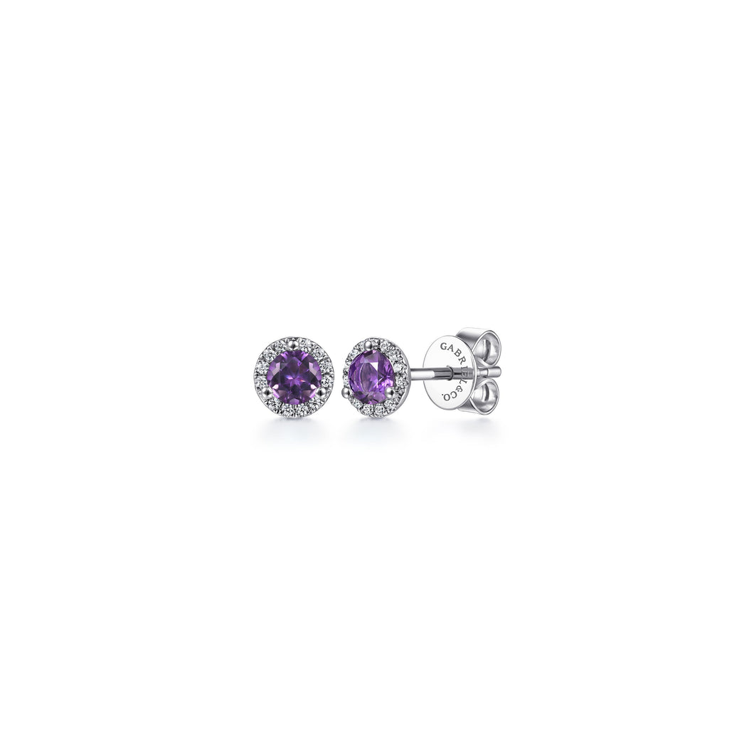 14K White Gold Round Amethyst and Diamond Halo Stud Earring,...