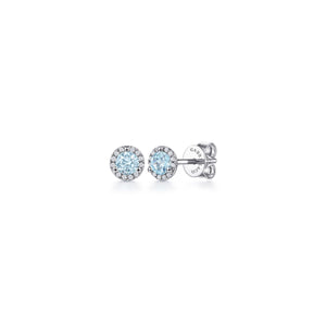 14K White Gold Round Halo Aquamarine and Diamond Stud Earrin...