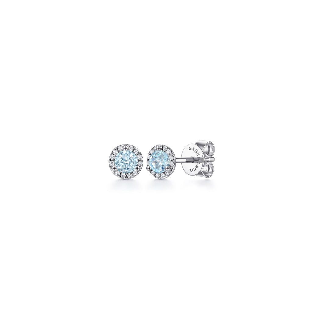 14K White Gold Round Halo Aquamarine and Diamond Stud Earrin...