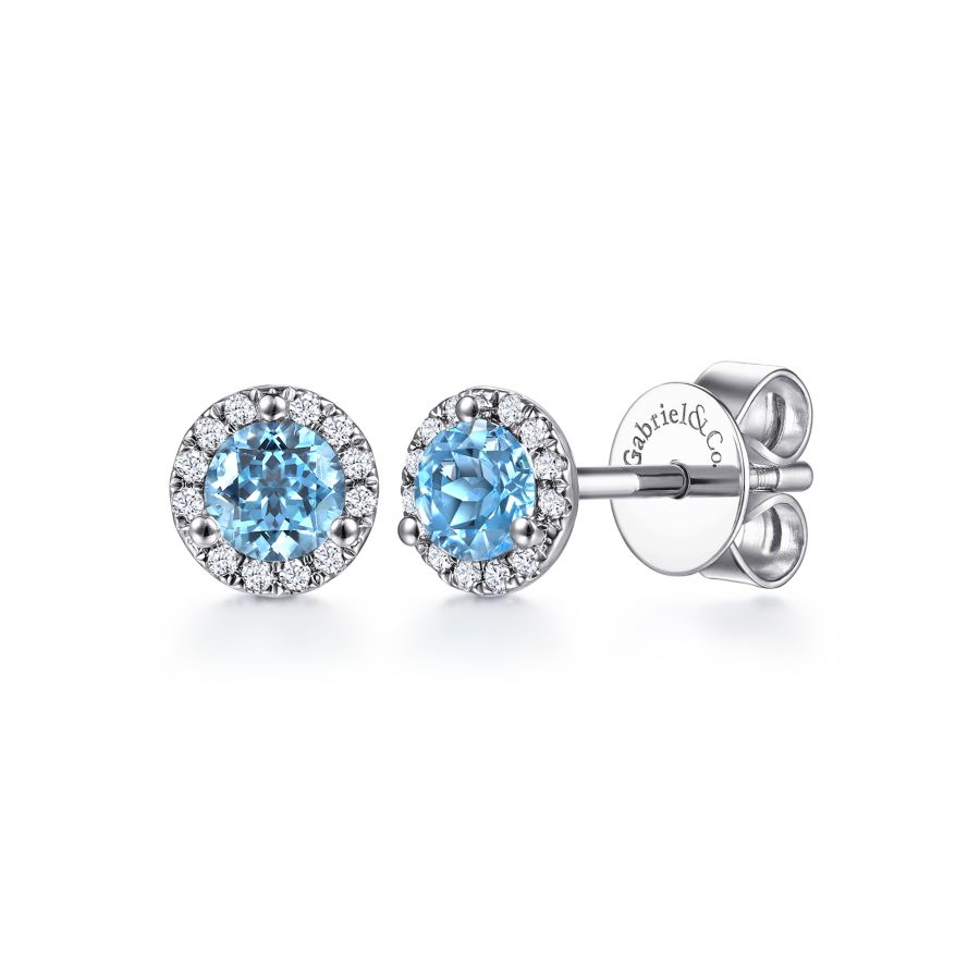 14K White Gold Round Cut Diamond Halo & Swiss Blue Topaz Stu...