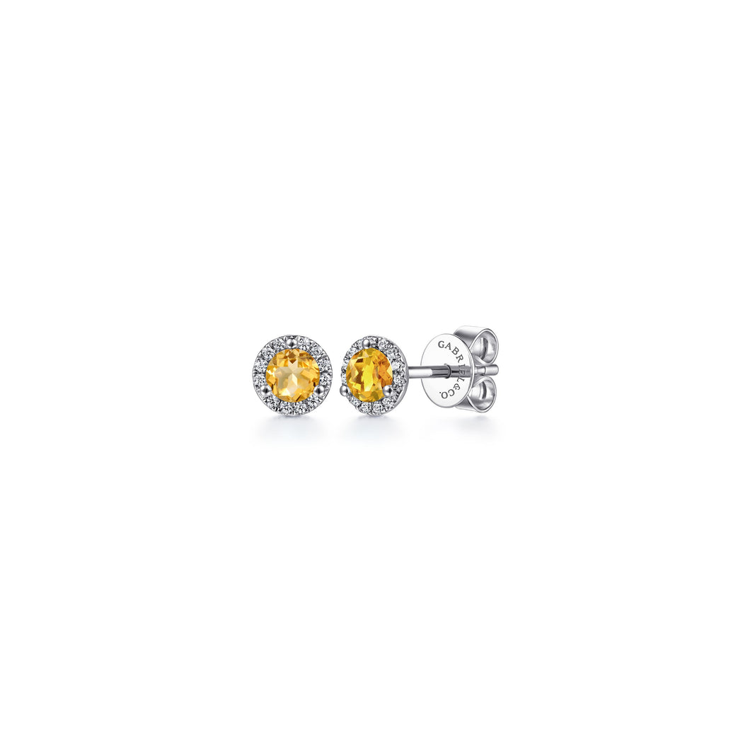 14K White Gold Round Halo Citrine and Diamond Stud Earring, ...