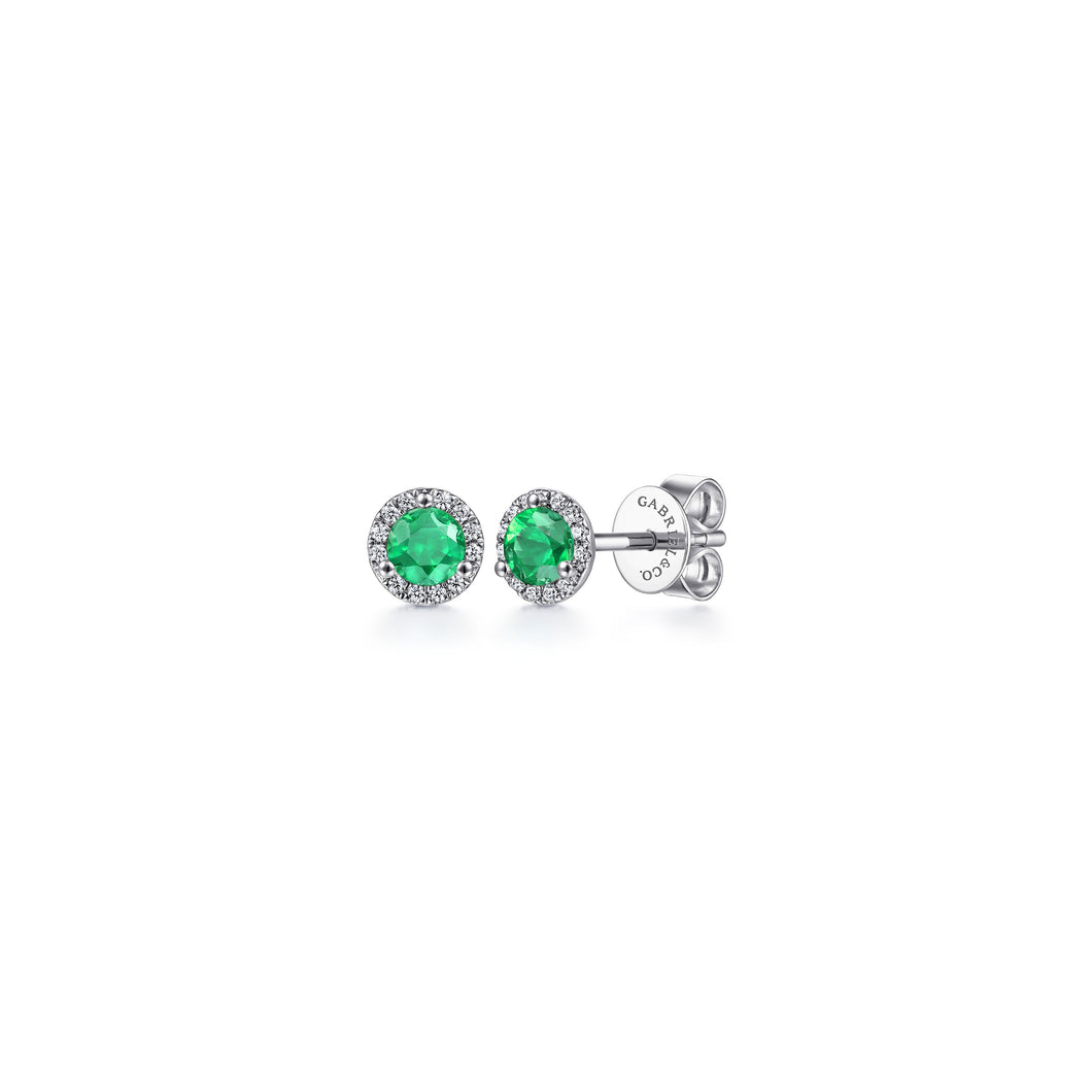 14K White Gold Emerald Halo Stud Earring, 0.09ctw H/I-SI, 0....