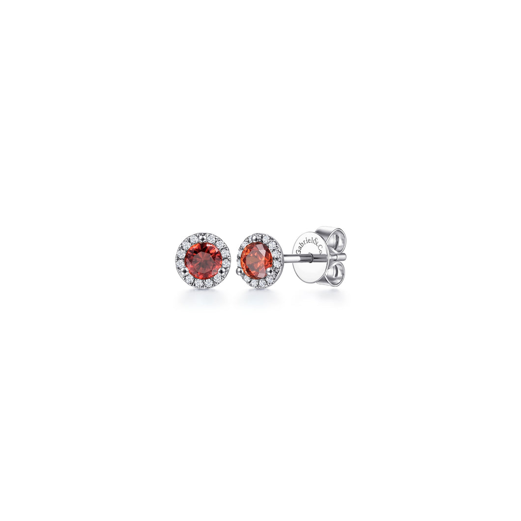 14K White Gold Round Halo Garnet and Diamond Stud Earring, 0...