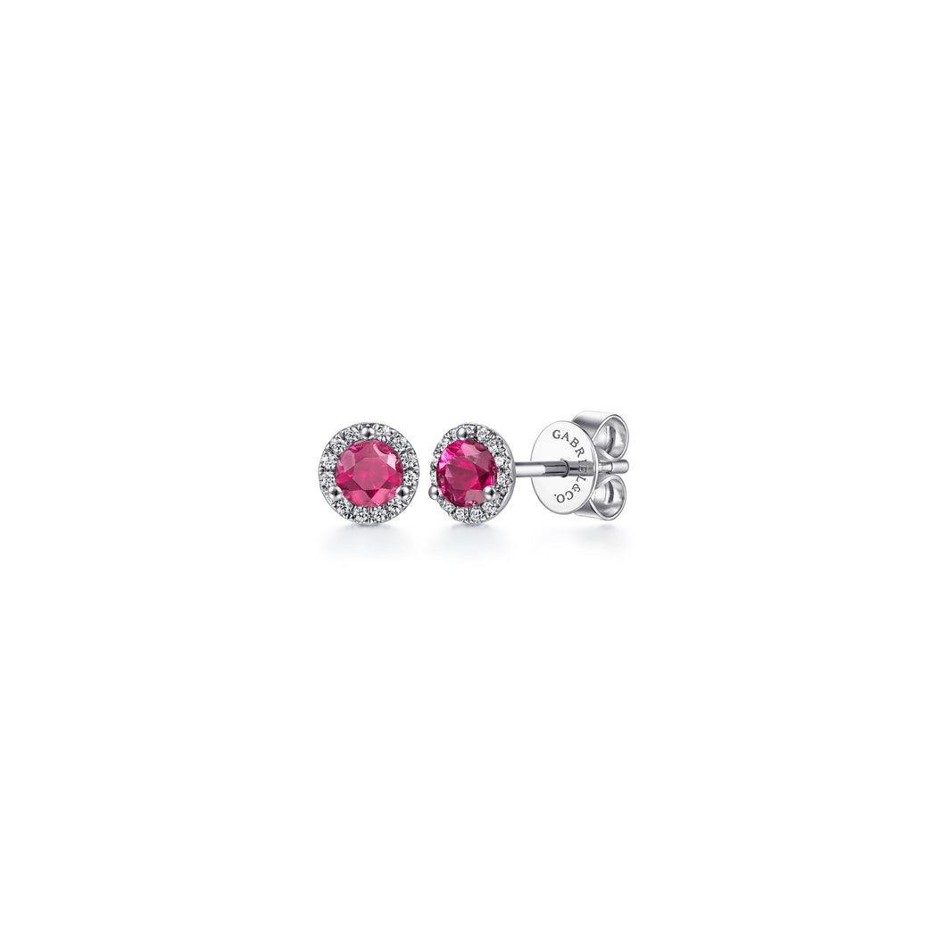 14K White Gold Ruby Stud Earring, 0.09ctw H/I-SI, 0.82ctw Ru...