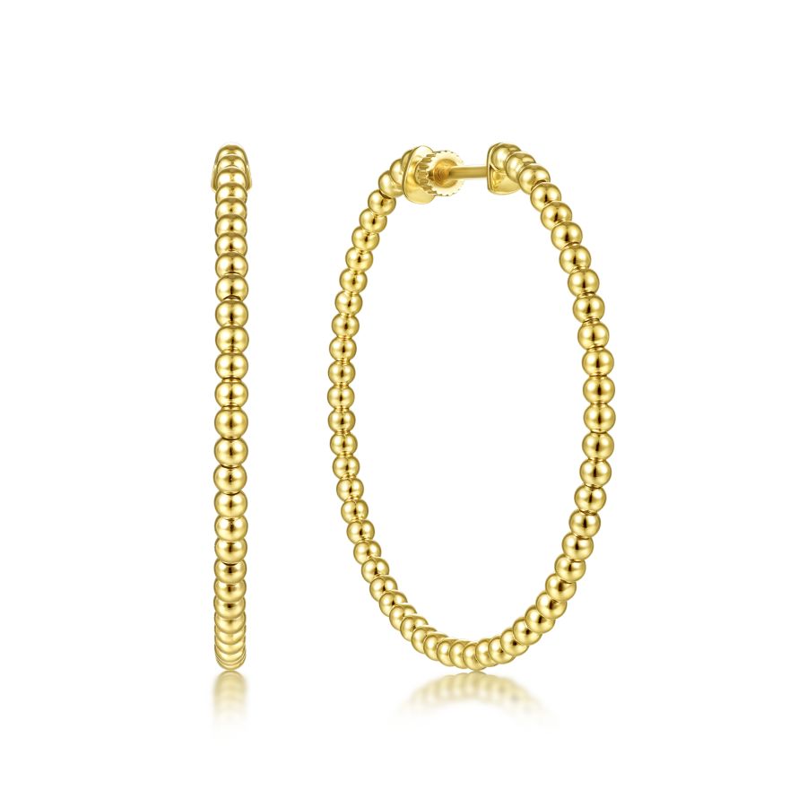 14K Yellow Plain Gold 40mm Beaded Round Hoop Earrings