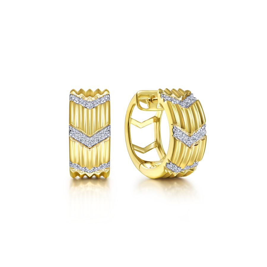 14K Yellow Gold Wide 15mm Chevron Diamond Station Huggie Ear...