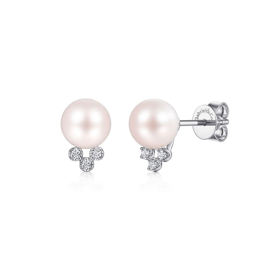 14K White Gold Pearl Post Earrings With Diamond Accents, 0.0...