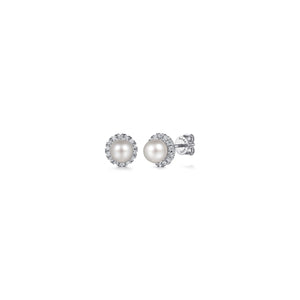 14K White Gold PL - Pearl stud Earrings, 0.14ctw H/I-SI