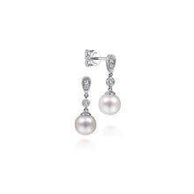 Load image into Gallery viewer, 14KT white gold pearl drop earrings with 0.07ctw round diamo...
