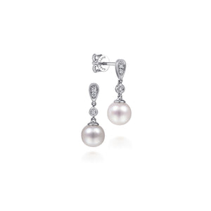 14KT white gold pearl drop earrings with 0.07ctw round diamo...