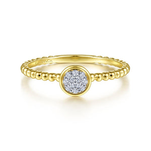 14KT yellow gold round diamond cluster ring with Bujakan bea...
