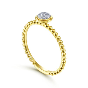 14KT yellow gold round diamond cluster ring with Bujakan bea...