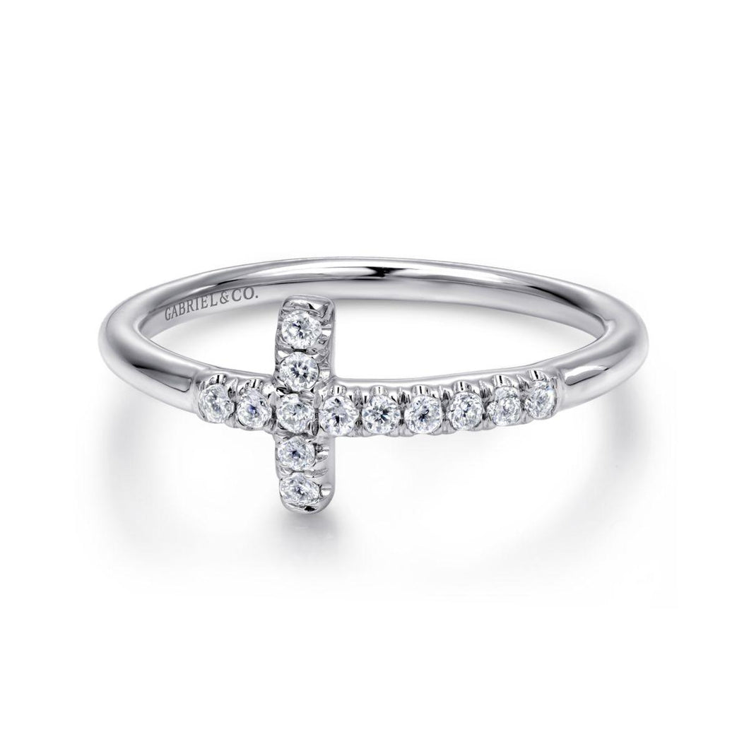 14K White Gold Sideways Diamond Cross Ring, 0.13ctw H/I-SI