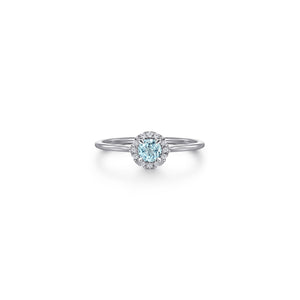 14K White Gold Aquamarine Diamond Halo Promise Ring, 0.06ctw...