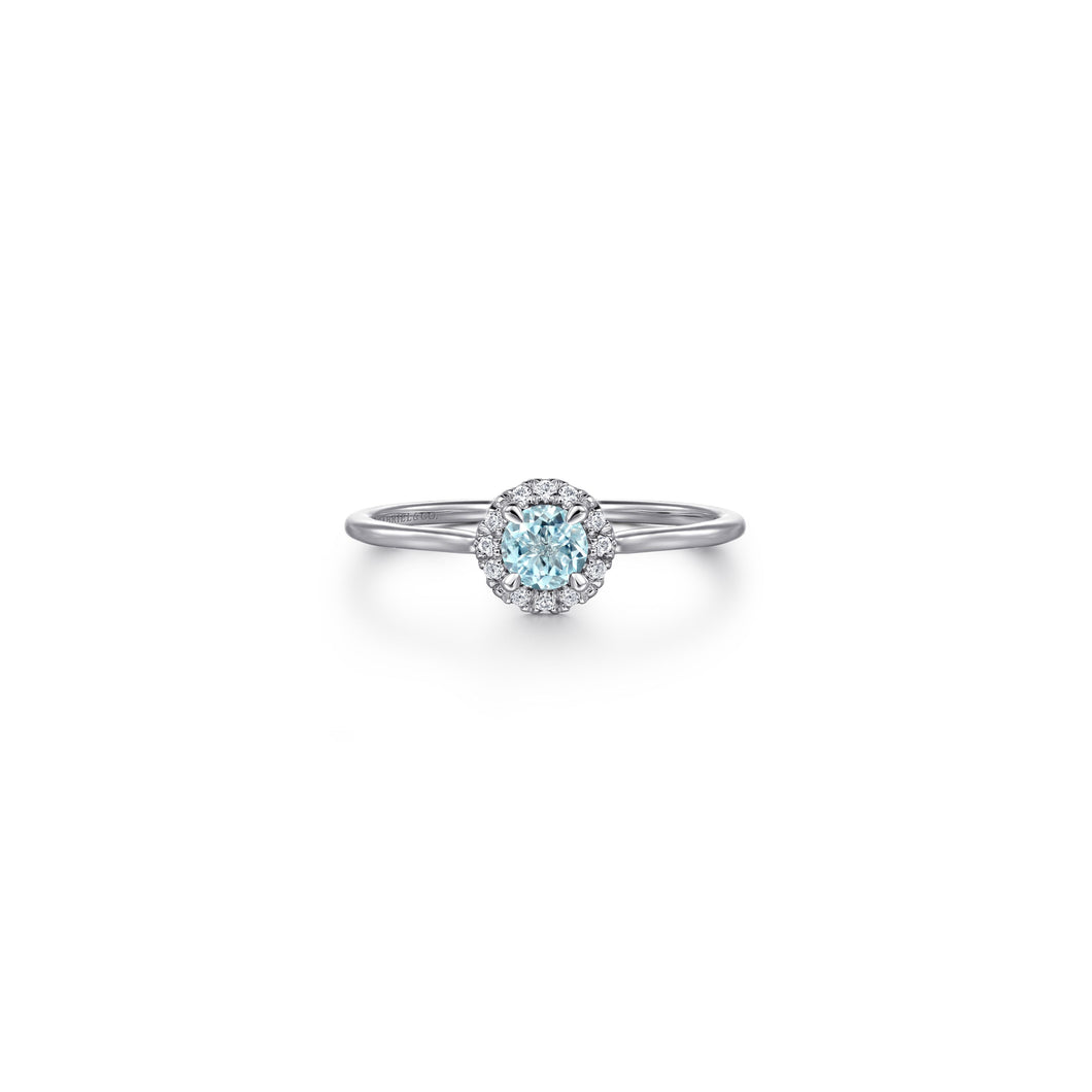 14K White Gold Aquamarine Diamond Halo Promise Ring, 0.06ctw...