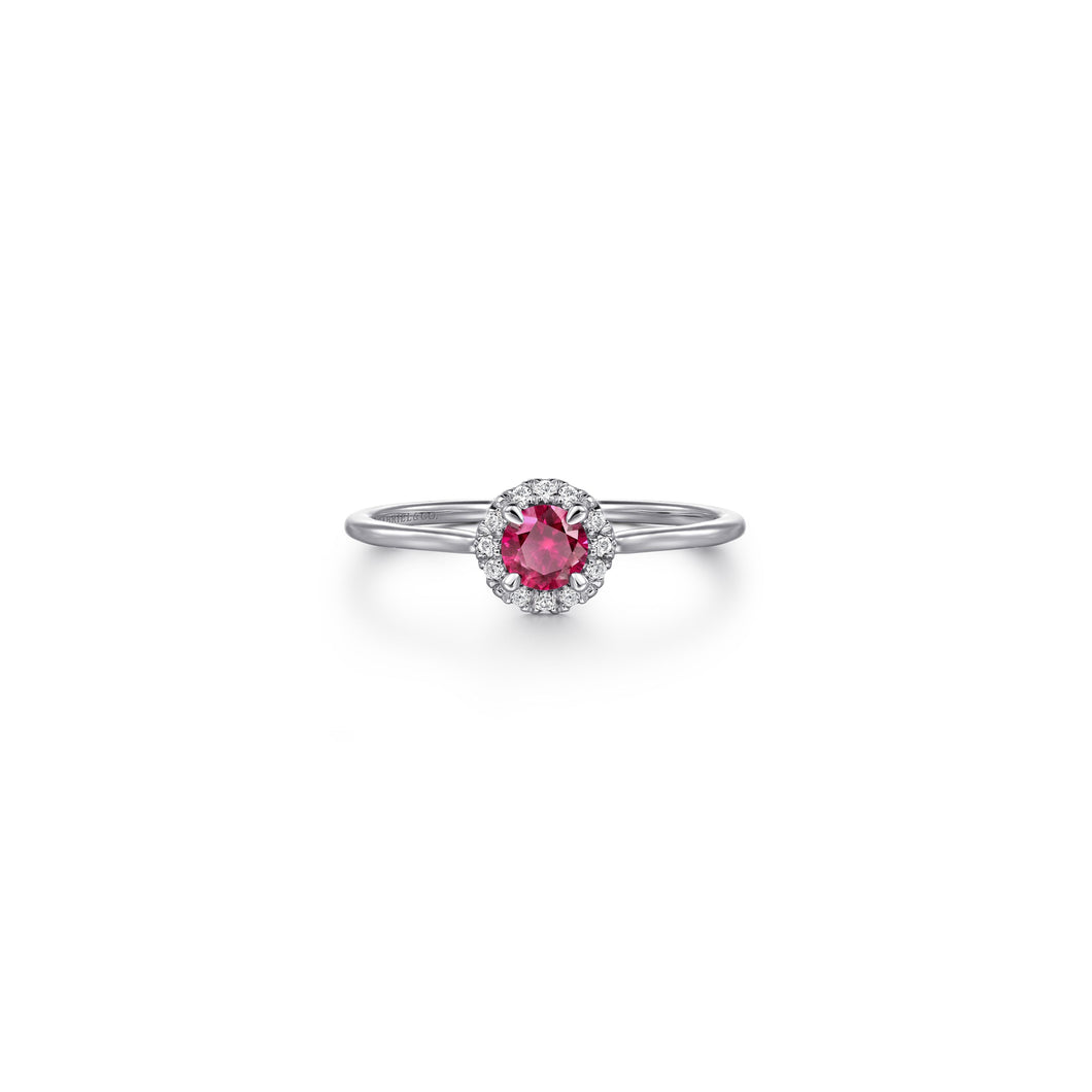 14K White Gold Ruby and Diamond Halo Promise Ring, 0.06ctw H...