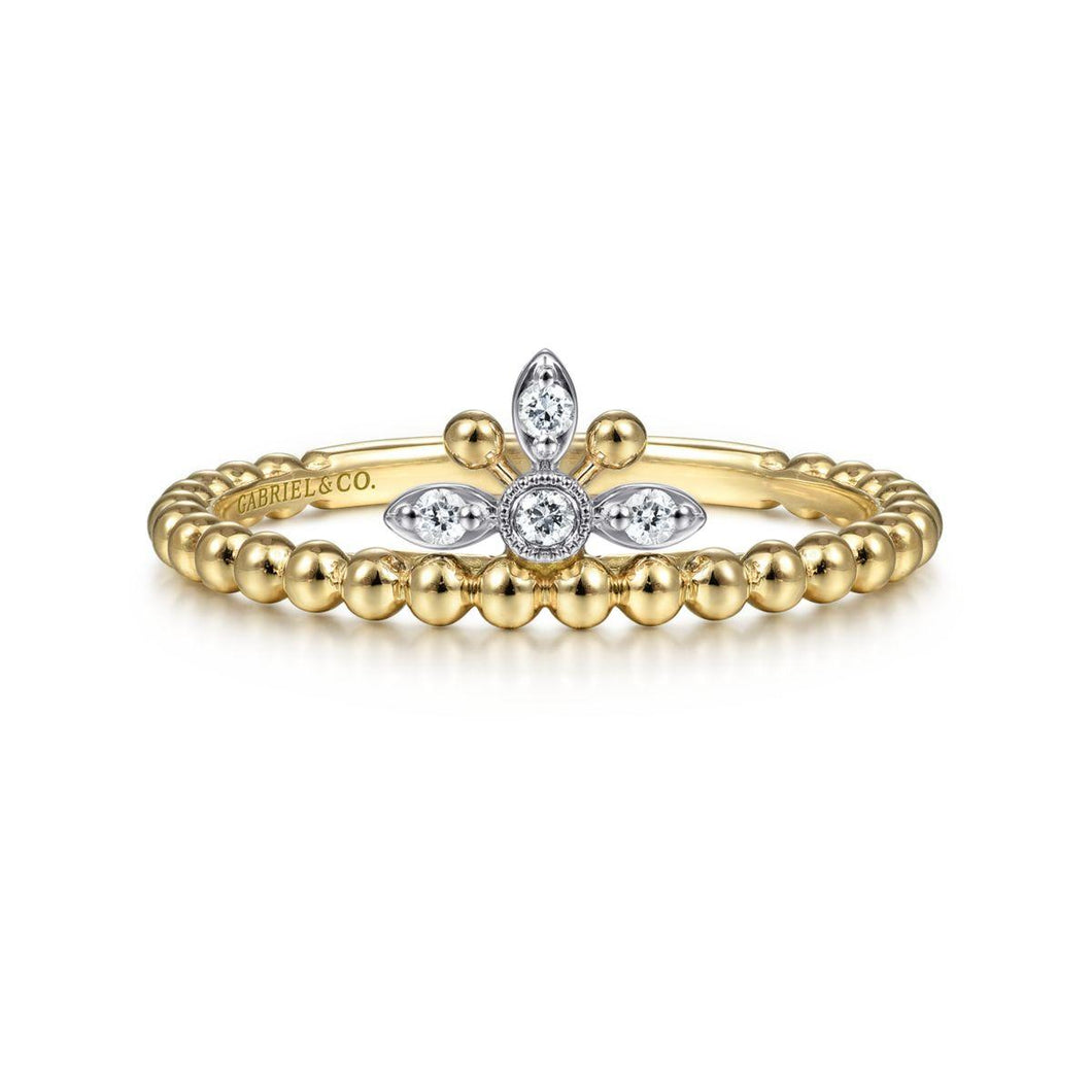 14K Yellow-White Gold Beaded Diamond Crown Ring, 0.04ctw H/I...