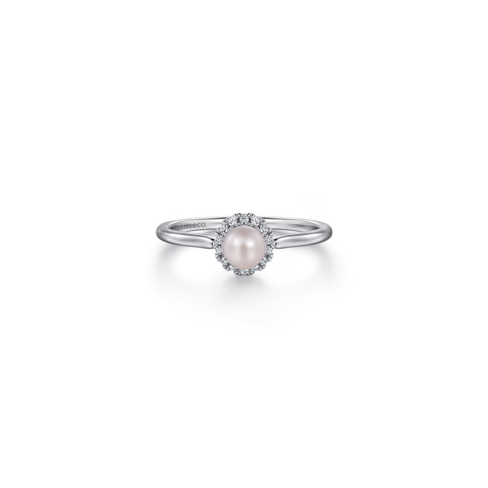14K White Gold Pearl Ring with Diamond Halo , 0.07ctw H/I-SI