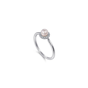 14K White Gold Pearl Ring with Diamond Halo , 0.07ctw H/I-SI