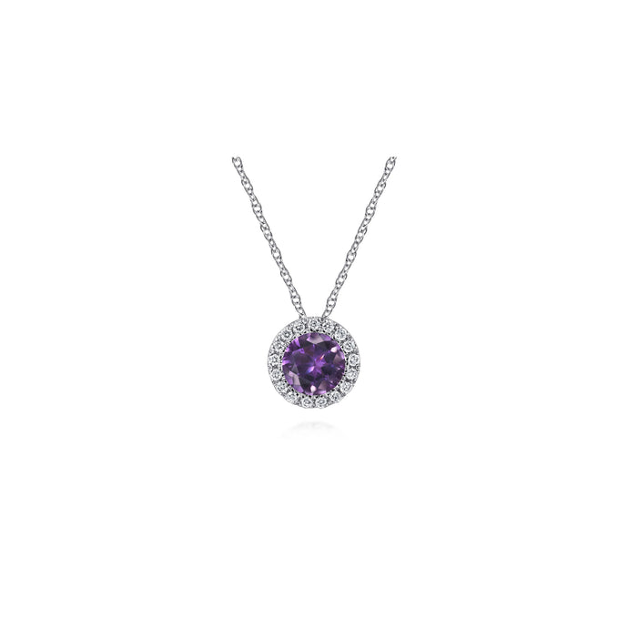 14K White Gold Amethyst and Diamond Halo Pendant Necklace, 0...