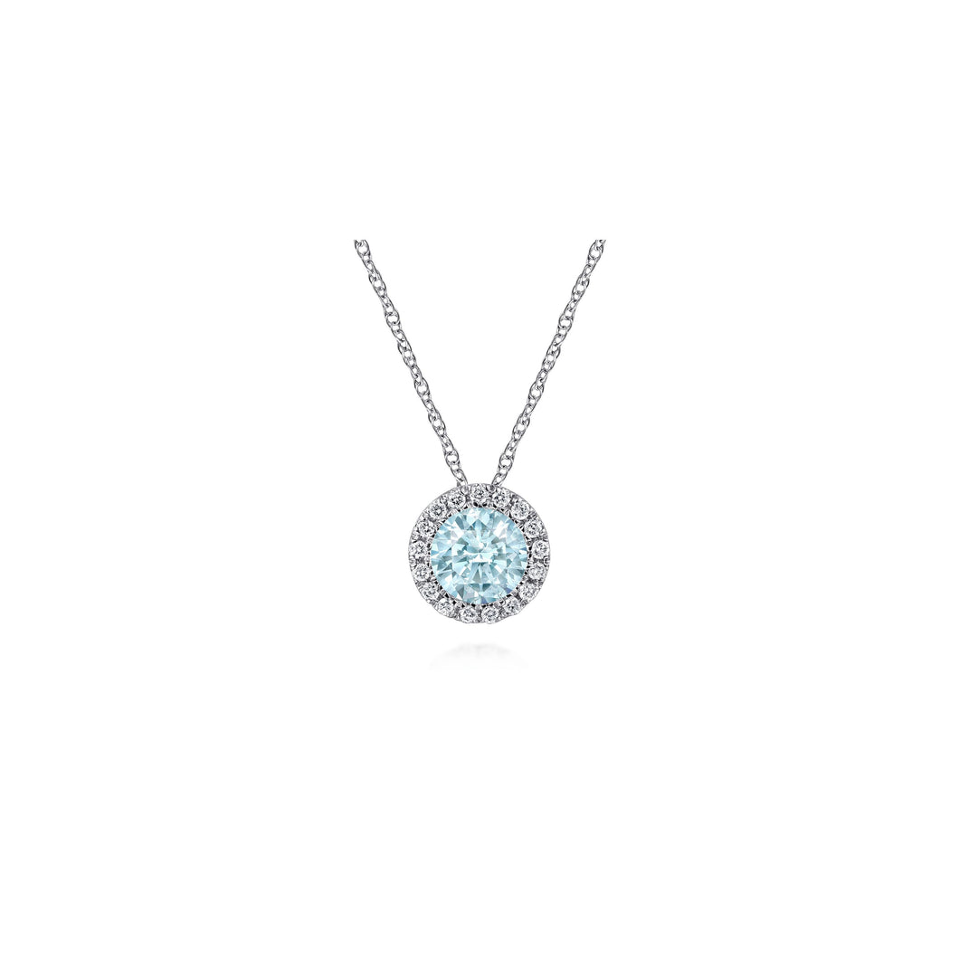 14K White Gold Aquamarine and Diamond Halo Pendant Necklace,...