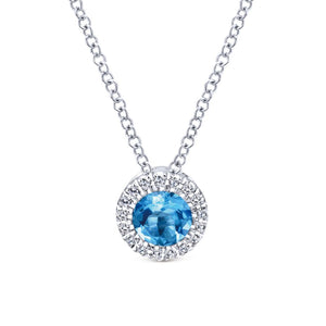 14K White Gold Round Swiss Blue Topaz and Diamond Halo Neckl...
