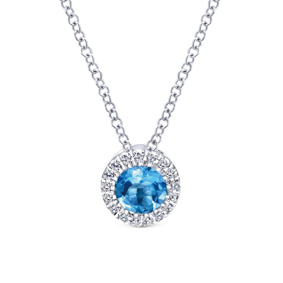 14K White Gold Round Swiss Blue Topaz and Diamond Halo Neckl...