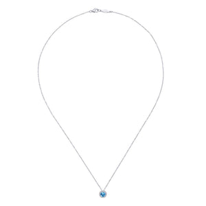 14K White Gold Round Swiss Blue Topaz and Diamond Halo Neckl...