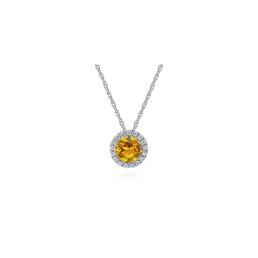 14K White Gold Round Citrine and Diamond Halo Pendant Neckla...