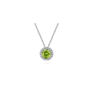 14K White Gold Peridot and Diamond Halo Pendant Necklace, 0....