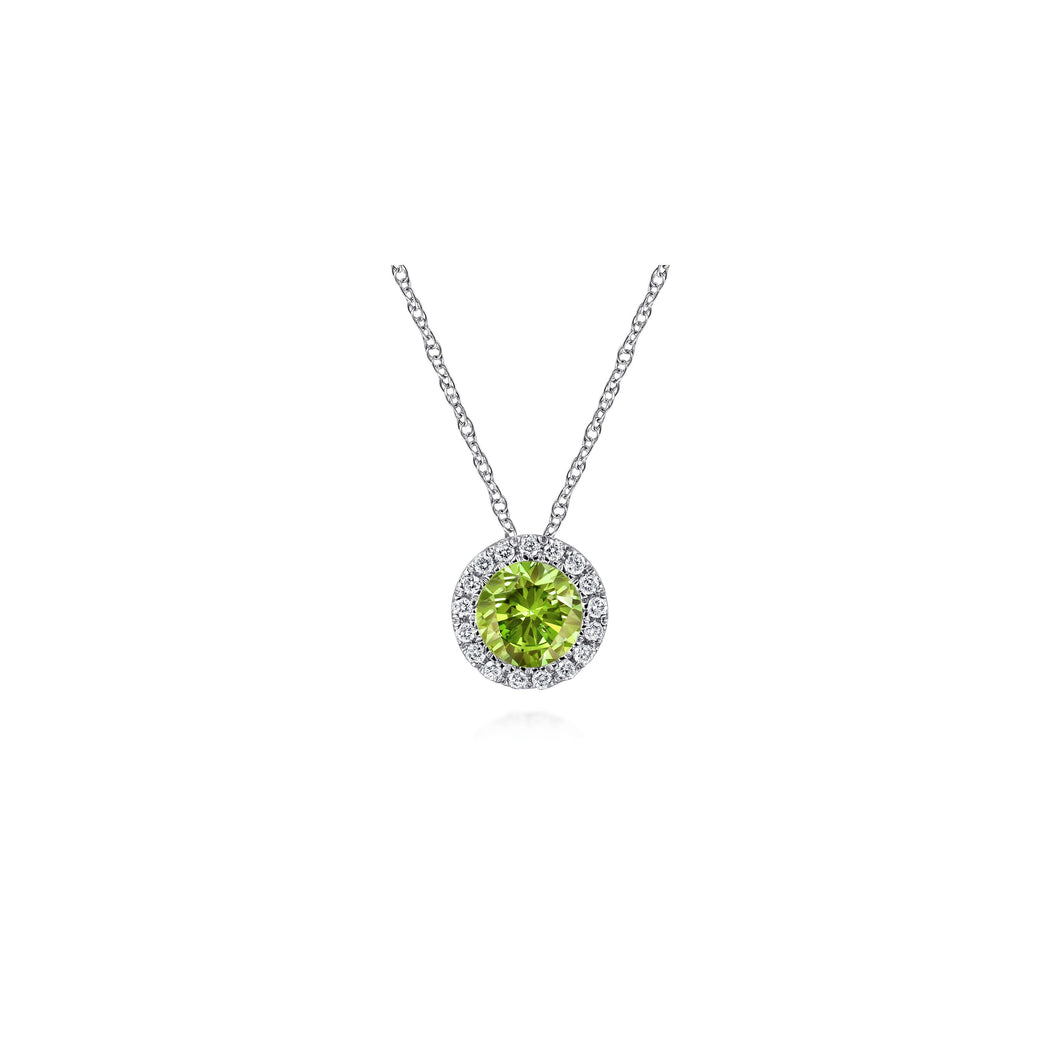 14K White Gold Peridot and Diamond Halo Pendant Necklace, 0....