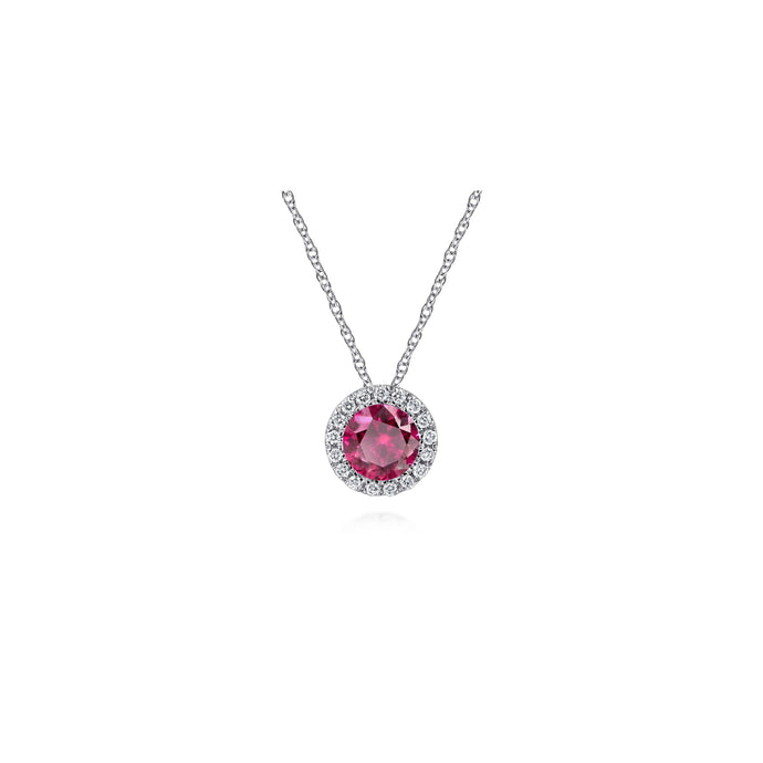 14K White Gold Ruby and Diamond Halo Pendant Necklace, 0.06c...