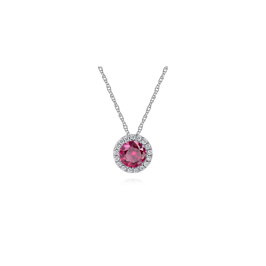 14K White Gold Ruby and Diamond Halo Pendant Necklace, 0.06c...