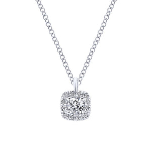 14K White Gold Cushion Halo Round Diamond Pendant Necklace, ...