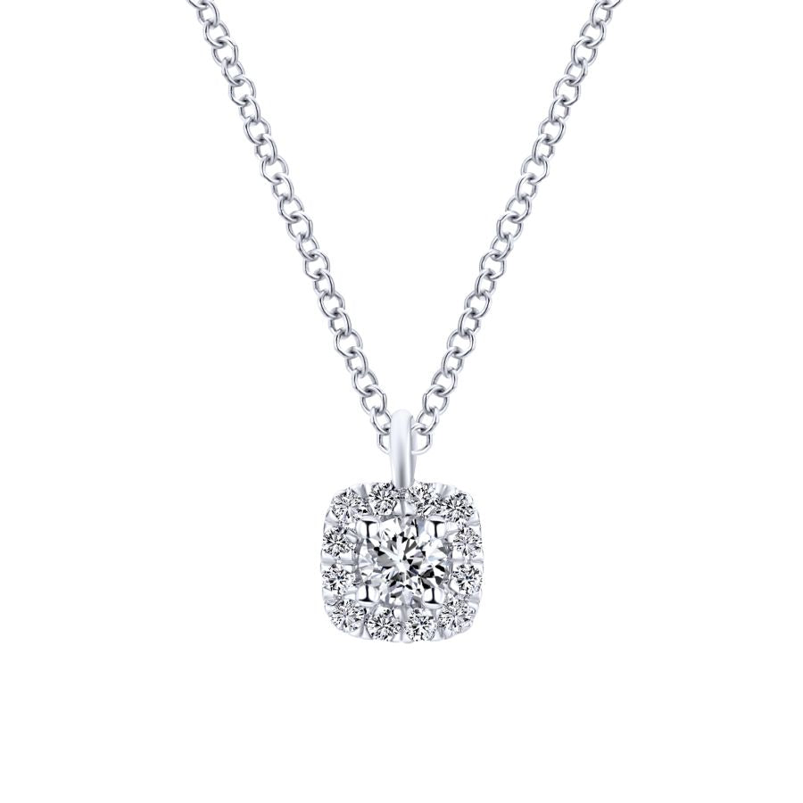 14K White Gold Cushion Halo Round Diamond Pendant Necklace, ...