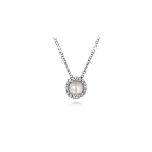 Load image into Gallery viewer, 14K White Gold Pearl and Diamond Halo Pendant Necklace, 0.06...
